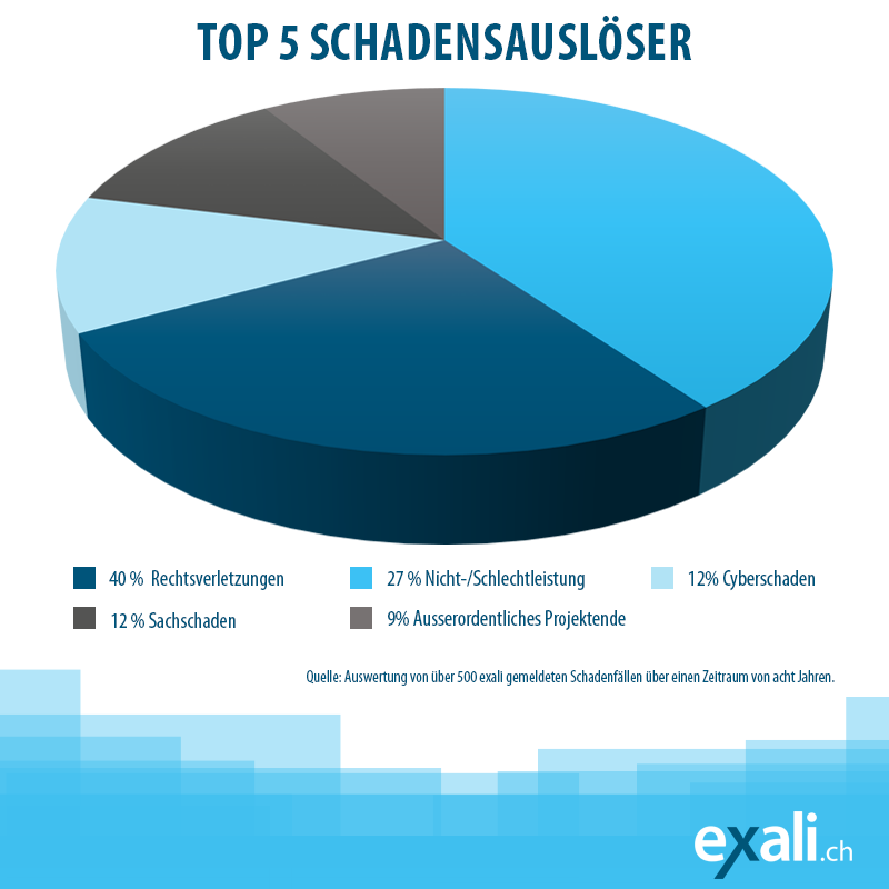 Infografik der Top 5 Schadensauslöser für bei exali gemeldete Schadenfälle unserer Versicherungsnehmer:innen.