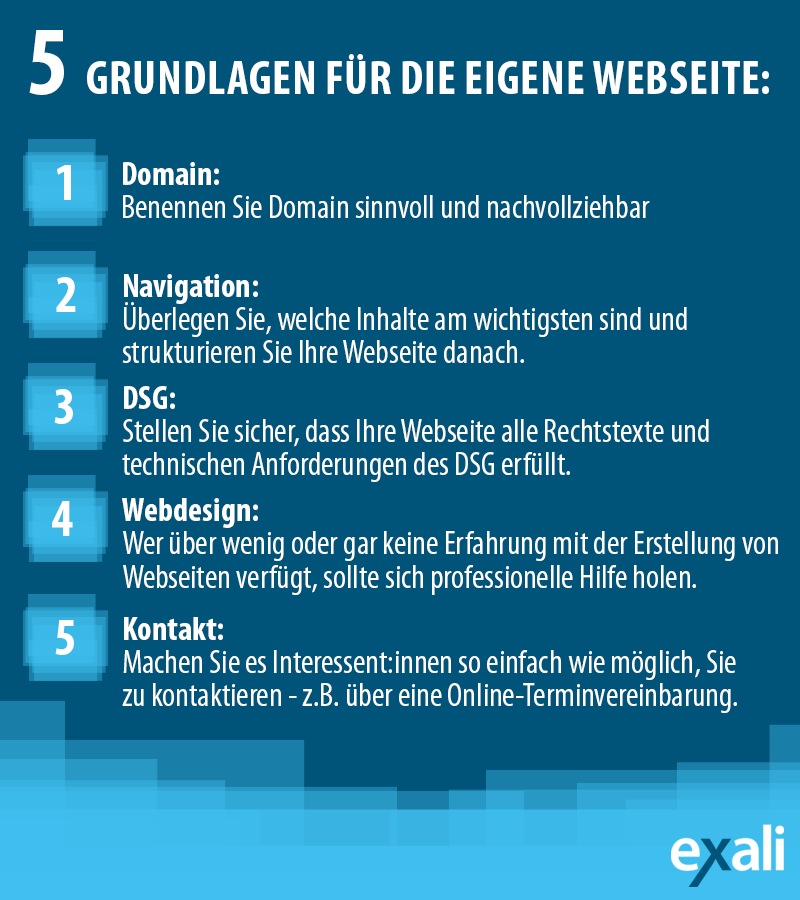 Übersicht zu den fünf Grundlagen für einen eigenen Webauftritt.